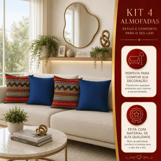 Kit 4 Almofadas Cheias Estampadas Decorativas Para Quarto Sala Luxo Anti Bolinha Com Ziper Invisivel