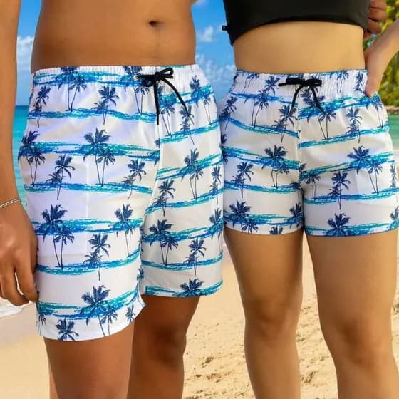 Shorts Casal Kit Mozao Combinadinho Coqueiro Praia Bermuda Tactel Elastano Verão Piscina Namorados