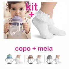 KIT COPO + MEIA / Copo de Introdução Alimentar Transição 350ml  + Meia Babado Renda Festa