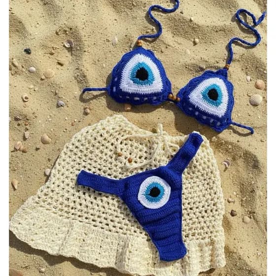 conjunto de crochê Biquíni e saida de praia  de crochê com bojo Olho Grego