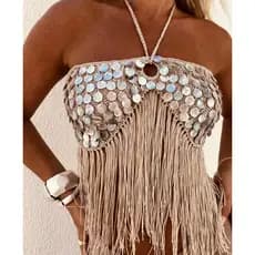 Top franja  de crochê Brilhar com apliques de lantejoula