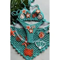 conjunto de crochê corais, saia e biquíni completo