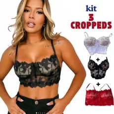 Kit 3 Cropped Renda Tule de Flor Feminino Com Bojo Top Preto Branco E Vermelho