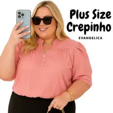 Blusa Plus Size Feminina Crepinho Botão Moda Evangelica Simples Casual Elegante