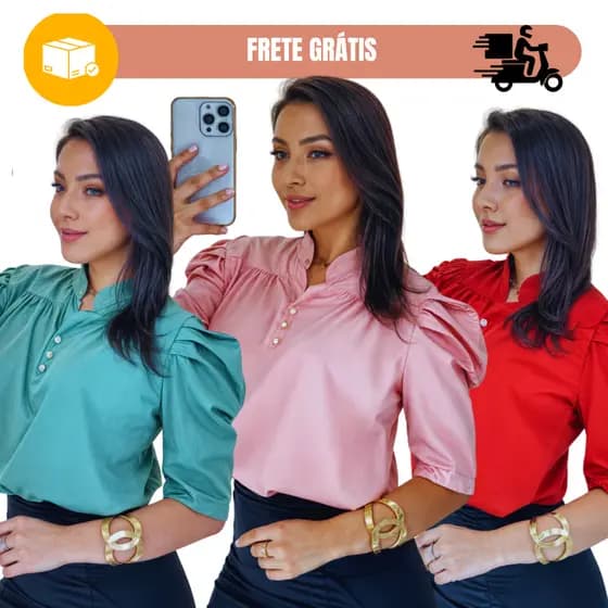 Blusinha Feminina Crepinho Evangélica Manga Bufante Com Botão