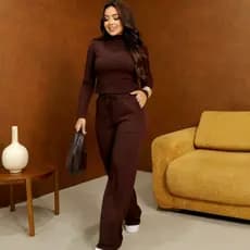 Conjunto Feminino Canelado Anarruga Manga Longa Calça Pantalona Cintura Alta Moda Inverno Casual Elegante Tam M G