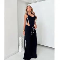 Conjuto Pantalona Feminino com Faixas Laterais Alfaiataria Body Regata Cavado + Calça Tendência Verão