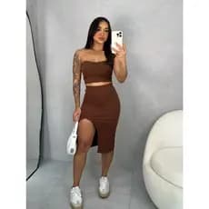 Conjunto Feminino Elegante Cropped Tomara Que Caia Nuvem + Saia Midi Com Fenda
