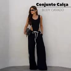 Conjunto Pantalona Feminino Body Cavado + Calça Tecido Canelado Alfaiataria