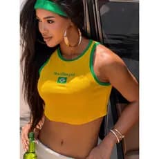 Blusa Cropped Regata Feminino Brasil Com Faixa Copa do Mundo Brazilian Girl Ribana Canelada Premium