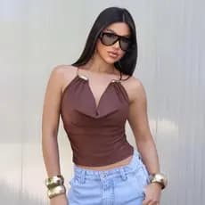 Top Cropped Feminino Decote V Argola Colar no Pescoço Suplex Costas Nuas Tendência Inverno.