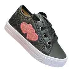 Tênis Infantil Feminino Casual Preto com Corações Rosa – Confortável, Leve, Solado Antiderrapante para Menina
