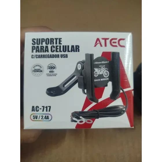 Suporte Celular Moto Alumínio ATEC AC-717 c/ Carregador USB 5V 2.4A Universal Guidão