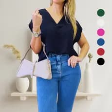 Blusa Feminina  Decote V Traspassado Camiseta Básica Manga Curta Social Chic