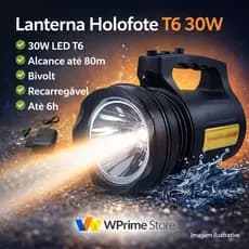 T6 LANTERNA BIVOLT - Holofote LED PRETO 30W Recarregável Pesca Trilha Camping - TD-6000A