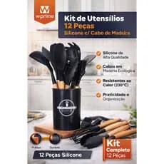 Conjunto de Utensílios de Cozinha 12 Peças - Silicone e Cabo de Madeira PRETO