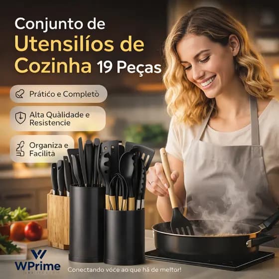 Conjunto De Utensílios De Cozinha 19 Peças Com Cabos De Madeira e Organizador