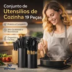 Conjunto De Utensílios De Cozinha 19 Peças Com Cabos De Madeira e Organizador