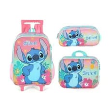 Kit Mochila Stitch Escolar Infantil Costas Feminina Rodinha Disney