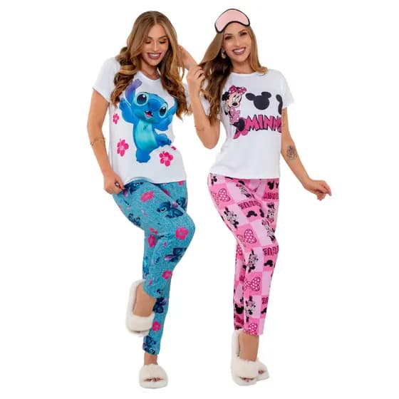 Pijama Longo Sonho Feminino calça e camiseta de personagens Stitch Bob Esponja Roupa de dormir Suede