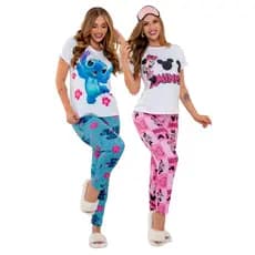 Pijama Longo Sonho Feminino calça e camiseta de personagens Stitch Bob Esponja Roupa de dormir Suede