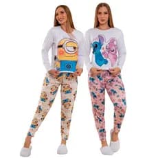Pijama Feminino Longo Roupa de dormir de frio calça e blusa de Personagens
