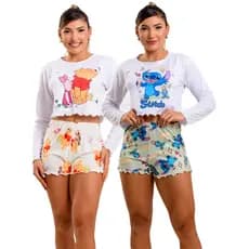 Pijama Cropped Manga Longa Personagens Roupa de dormir Blogueirinha Suede baby Doll