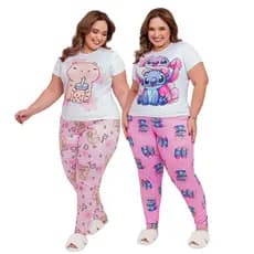 Pijama Longo Plus Size de calça e camiseta feminino Roupa de dormir personagens