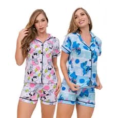 Pijama Americano de Personagens, Roupa de dormir feminino com botão pós cirúrgico amamentação stitch