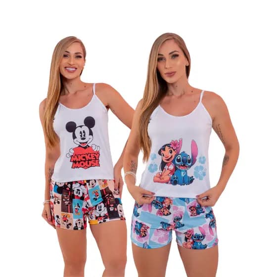 Baby Doll Regata Comprida Personagens Suede Roupa de dormir Pijama shorts Feminino