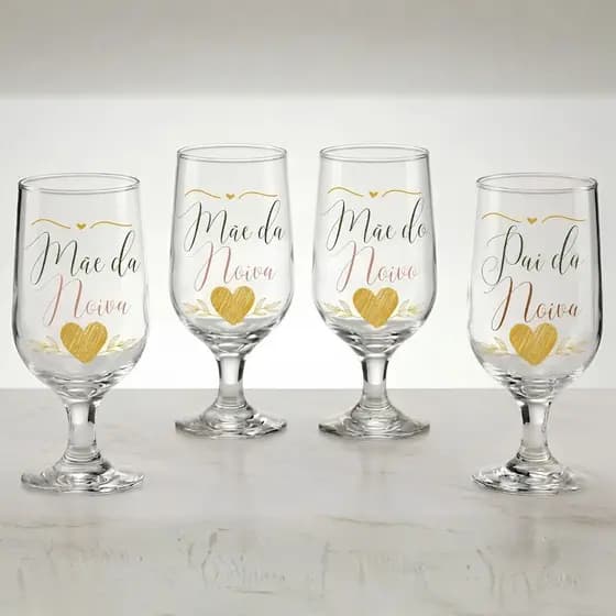 Jogo 4 Taças Personalizada Pai Mãe da Noiva Mãe do Noivo Presente Casamento Madrinha Padrinho