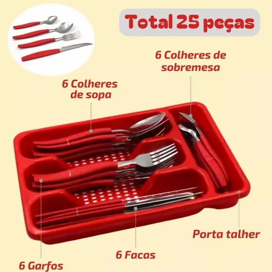 talheres  aço  inox vermelho talher faqueiro 24 peças   cozinha jogo de talheres