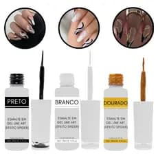 Kit 3 Esmaltes Em Gel Ponta Fina P/ Line Art Efeito Spider | Nail Art Decoração