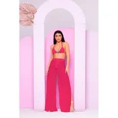 Saída De Praia Calça Pantalona Feminina Com Elastico e fendas laterais