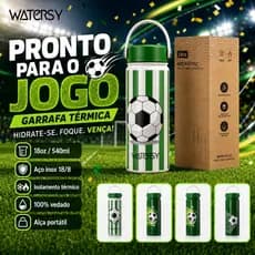 Watersy Garrafa Térmica 540ml/18oz Futebol Verde Inox Isolada a Vácuo Boca Larga Livre de BPA