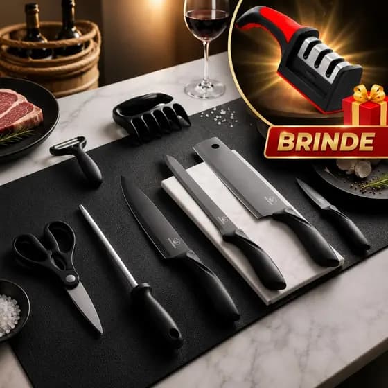 Kit Conjunto De Facas Para Churrasco Em Inox Afiadas Chef Com 8 Peças Preto Premium Faqueiro Churrasqueiro