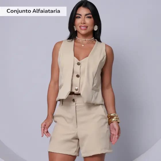 Conjunto Feminino Alfaiataria Colete e Short Social Moda Verão Tendência Look Casual Envio Rápido