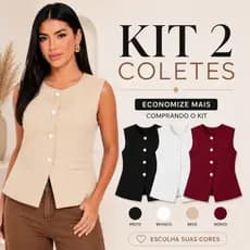 Kit 2 Colete Feminino Longo Alfaiataria Gola Redonda Casual Moda Feminina