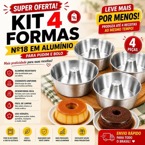 🍮 Kit 4 Formas de Alumínio Nº18 MARF com Furo Central – Ideal para Bolos, Pudins e Sobremesas Artesanais no Forno