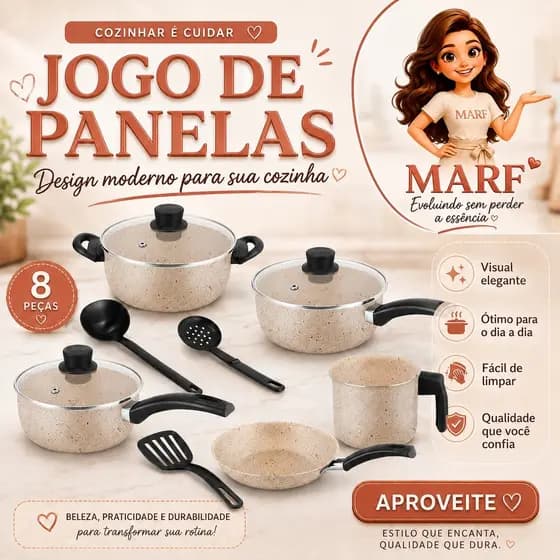 Jogo de Panelas Antiaderente 8 Peças MARF com Tampas de Vidro, Caçarola, Frigideira, Leiteira e Utensílios