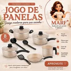 Jogo de Panelas Antiaderente 8 Peças MARF com Tampas de Vidro, Caçarola, Frigideira, Leiteira e Utensílios