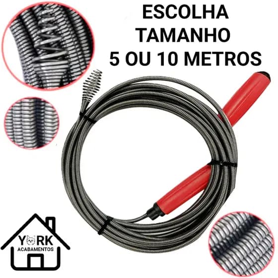 Desentupidor Manual 5 metros ou 10 metros Mola de Aço Ralo Pia Banheiro Cozinha Quintal Cano Calha