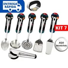 Jogo Kit 07 Utensílios de Cozinha Linha Recife 100% Inox 21cm Com Amassador de Alho e Pegador
