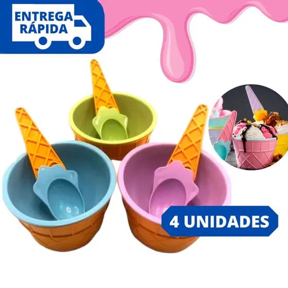 Kit 4 Pote de Plástico de Sobremesa Tigela Sobremesa com Colher Sorvete