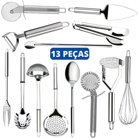 Kit 13 Utensílios de Cozinha Em Aço Inox Multiuso Top 1 Pegadores Colheres Completo