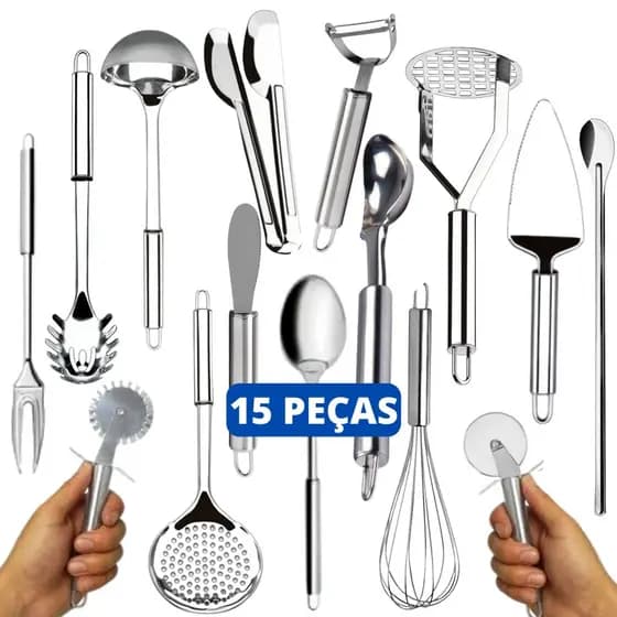 Kit 15 Utensílios Pegadores Em Aço Inox Multiuso Premium Top
