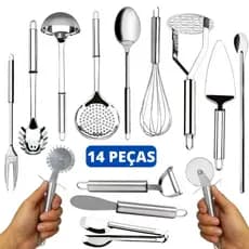Jogo 14 Talheres Pegadores Premium Utensílios Em Aço Inox Multiuso