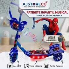 Patinete Infantil Azul Spiderman Menino Homem Aranha Ajustável 3 Rodas Com Cesta  + Surpresa + Pronta Entrega no Brasil