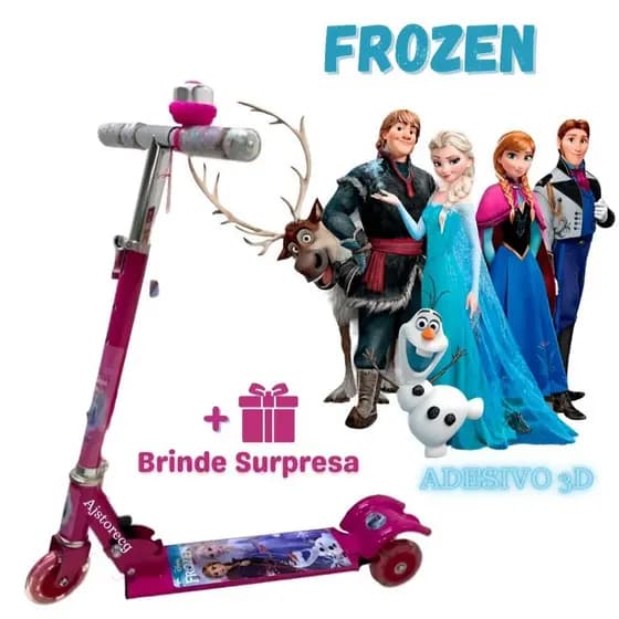 Patinete Rosa Infantil Menina Frozen Adesivo 3D  Ferro Dobrável Com Led nas Rodas + Surpresa
