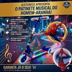 Patinete Infantil Musical de Ferro Azul Menino Homem Aranha Com Led nas Laterais e Nas Rodas Dobrável Buzina + Surpresa